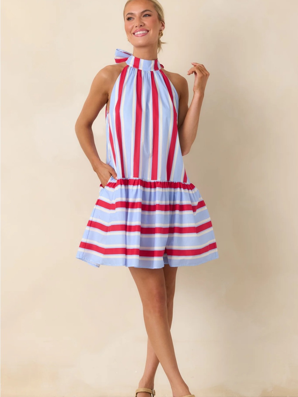 entro MADE FOR FIRE WORKS Striped Halter Ruffle Dress in Light Blue and Red